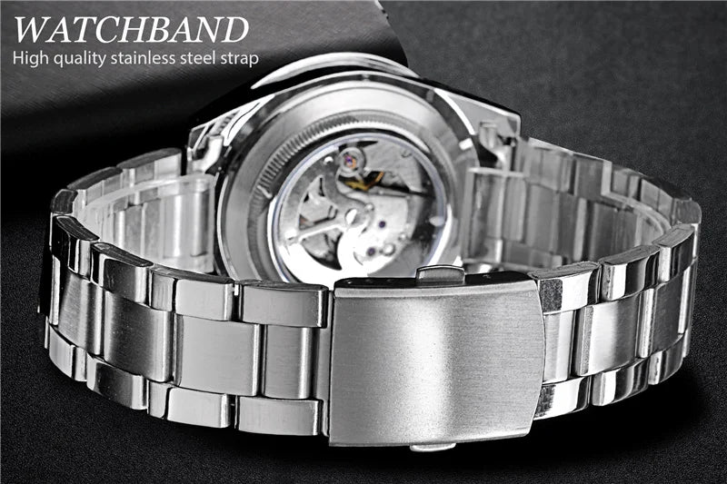WINNER 002 Automatic Mechanical Wristwatch for Male Luminous Hands Date Fashion Stainless Steel And Leather Strap Clock Gifts