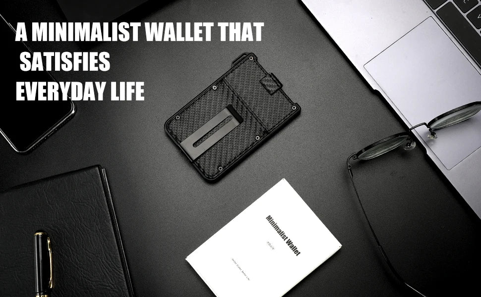 Wallet For Men - Aluminum Slim Carbon Fiber Leather Wallet，Holds up 10 Cards Card Holder with Clear ID Card Holder, Cash Clip