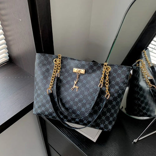 Plaid Texture Large Tote Bag – Soft PU Leather Shoulder Bag with Tassel for Women