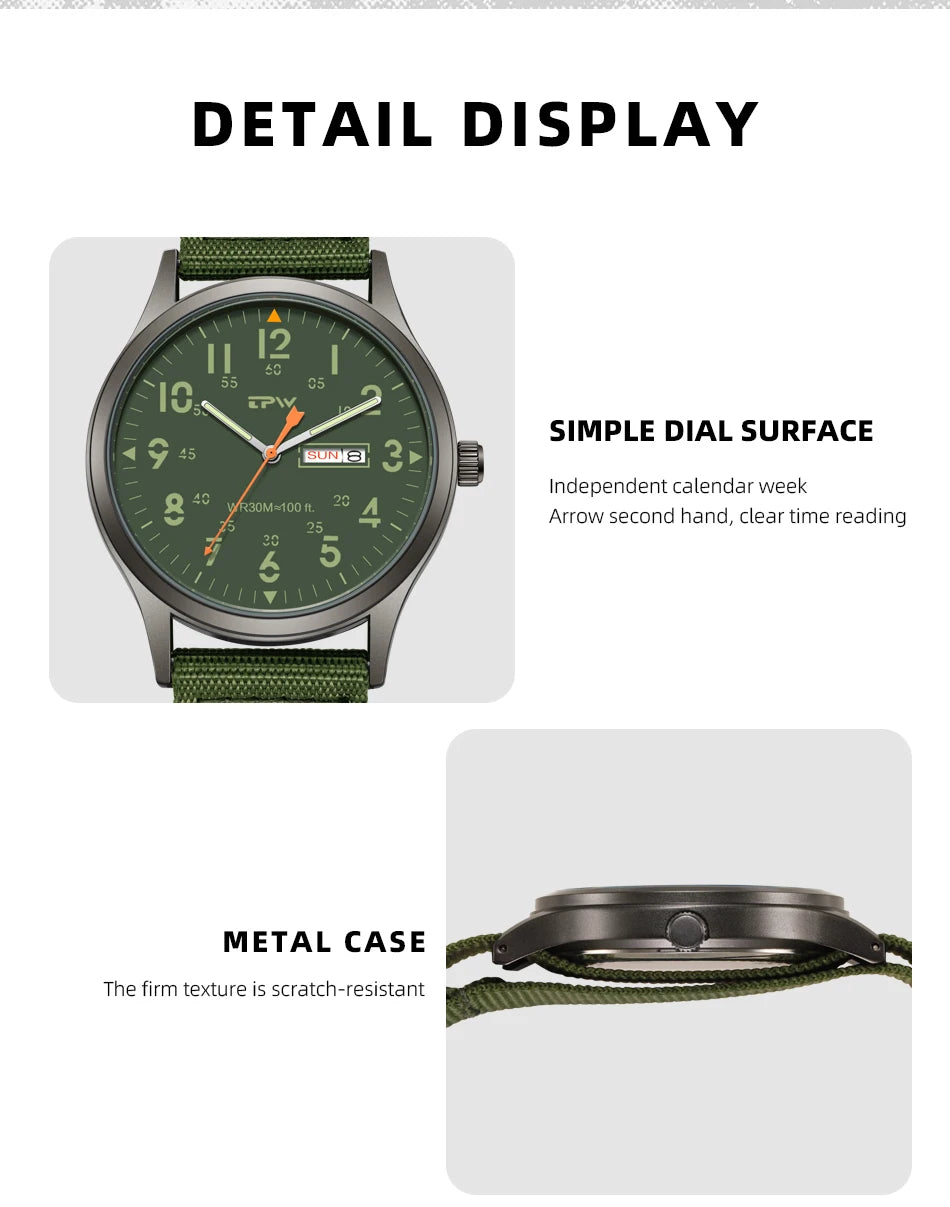 2026 TPW Field Watch Easy Reading Fabric Strap 24 Hours Display Quartz Movement