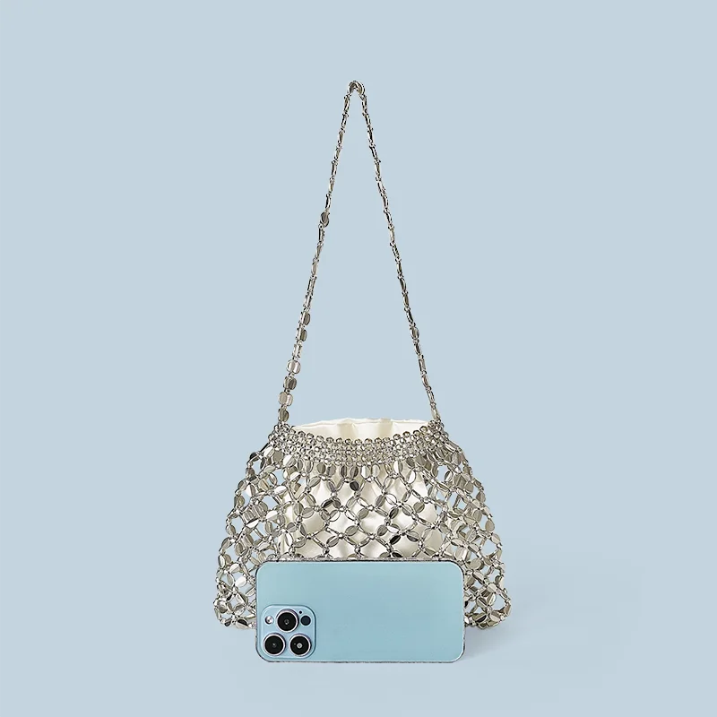 New handheld niche design silver handmade bead woven handbag essential for summer shoulder bag