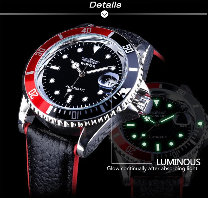 WINNER 002 Automatic Mechanical Wristwatch for Male Luminous Hands Date Fashion Stainless Steel And Leather Strap Clock Gifts