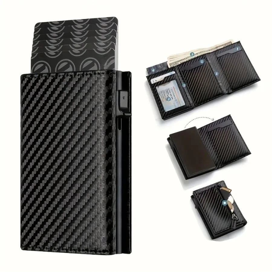 Men's Wallet with Zipper Coin Purse Automatic Pop-up Metal Credit Card Holder Minimalist RFID Blocking Business Card Wallet Idea