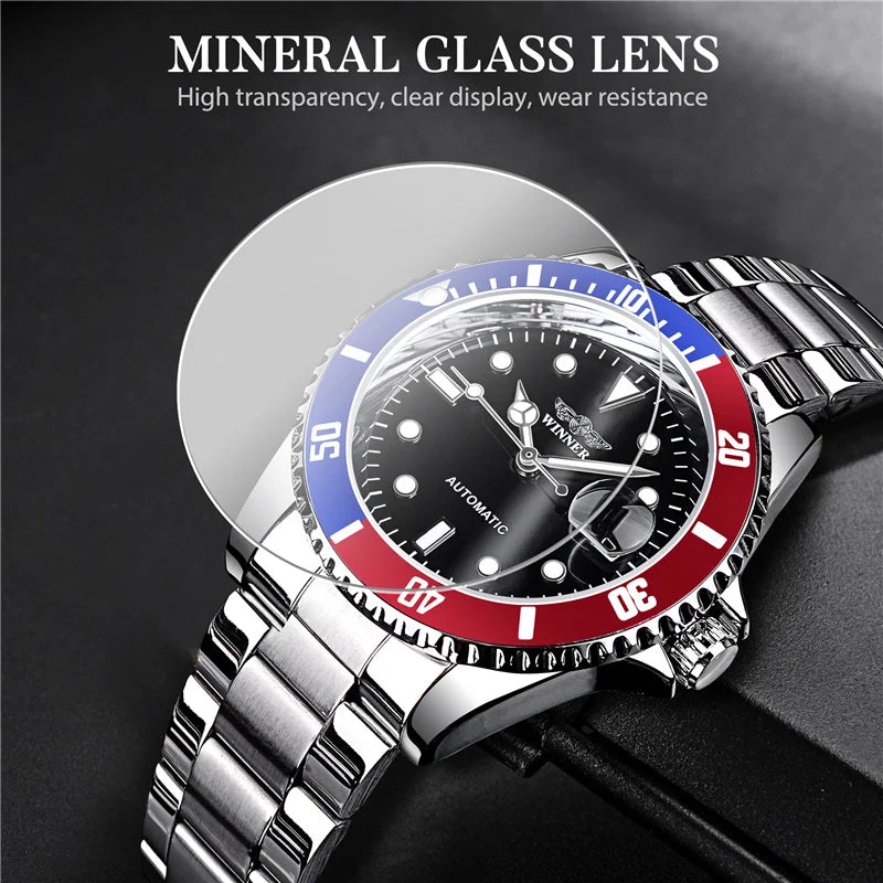 WINNER 002 Automatic Mechanical Wristwatch for Male Luminous Hands Date Fashion Stainless Steel And Leather Strap Clock Gifts
