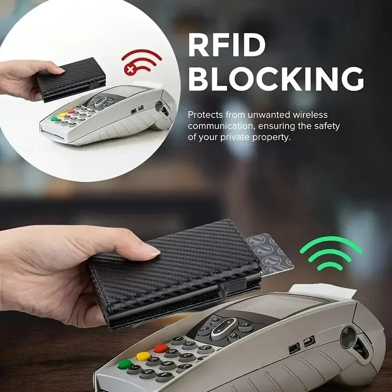 Men's Wallet with Zipper Coin Purse Automatic Pop-up Metal Credit Card Holder Minimalist RFID Blocking Business Card Wallet Idea