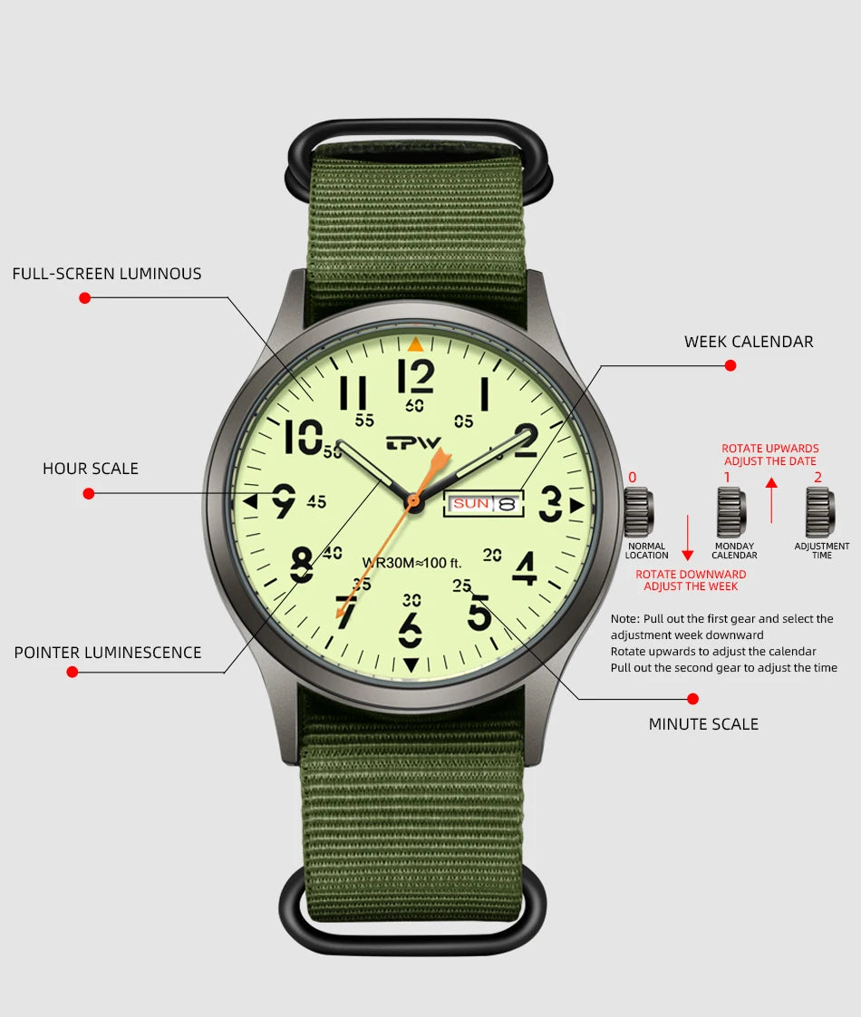 2026 TPW Field Watch Easy Reading Fabric Strap 24 Hours Display Quartz Movement
