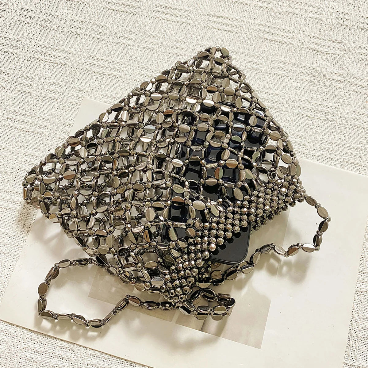 New handheld niche design silver handmade bead woven handbag essential for summer shoulder bag