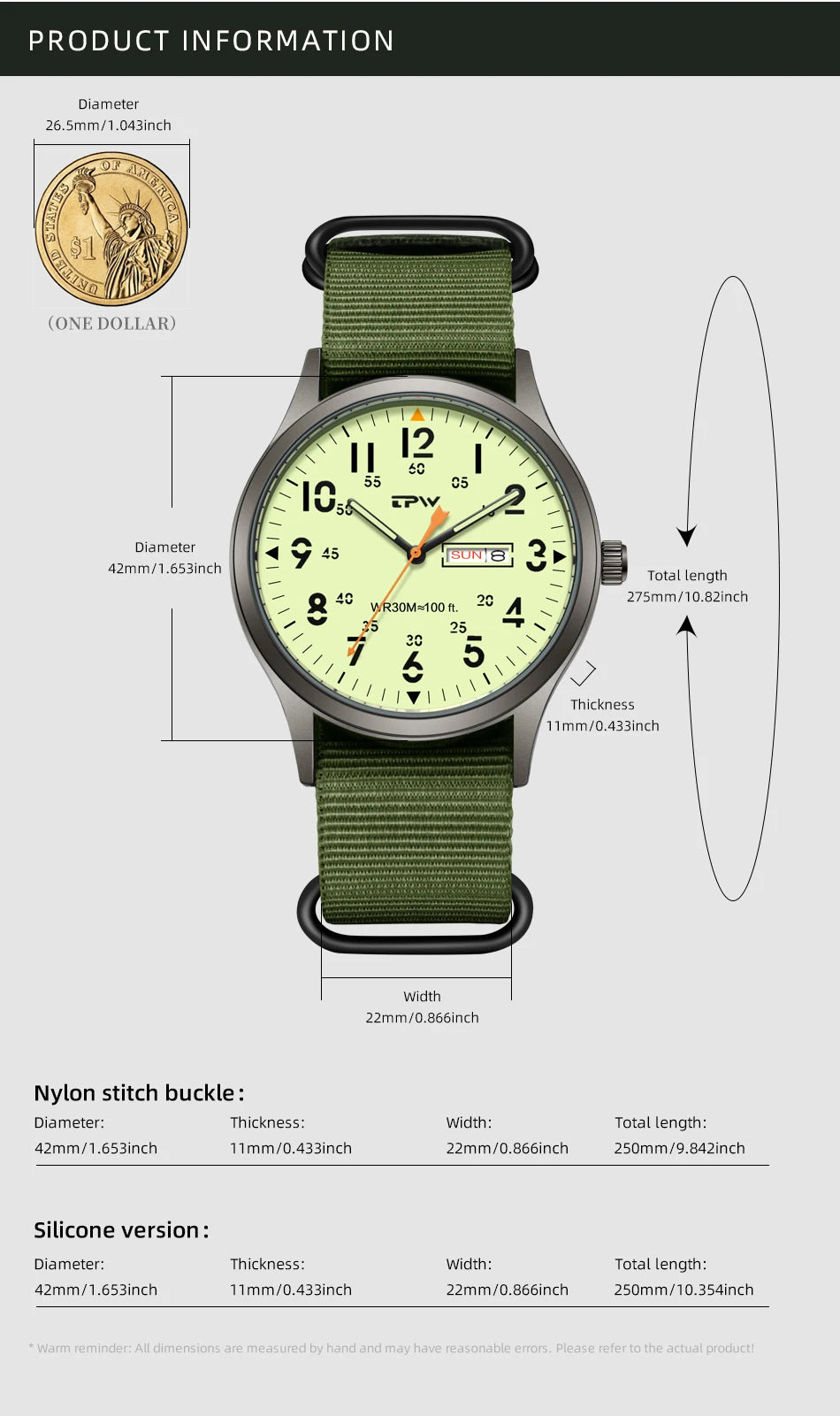 2026 TPW Field Watch Easy Reading Fabric Strap 24 Hours Display Quartz Movement
