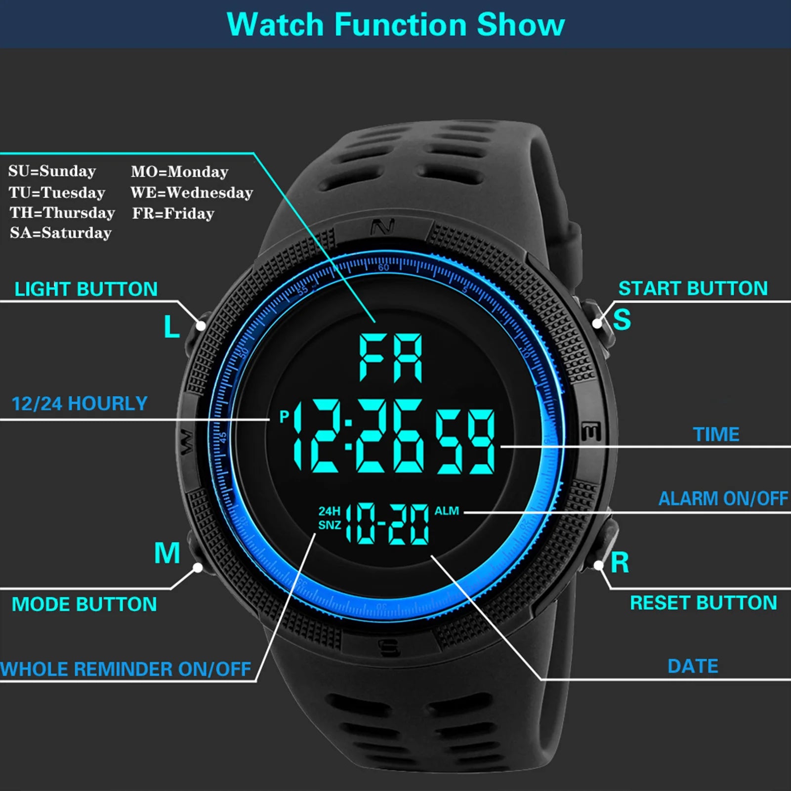 Men Digital Sports Watch Waterproof Casual Luminous Stopwatch Alarm Simple Army Watch for Running Climbing Fishing