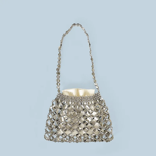 Silver Beaded Handbag – Handmade Woven Shoulder Bag for Women