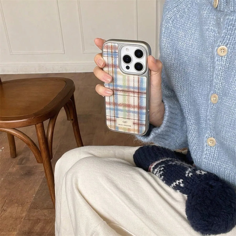 Retro Plaid Silver Edge Epoxy Phone Case TPU Anti-drop Phone Case For iPhone XR/11/12/13/14/15/16/17 Pro Max Phone Case
