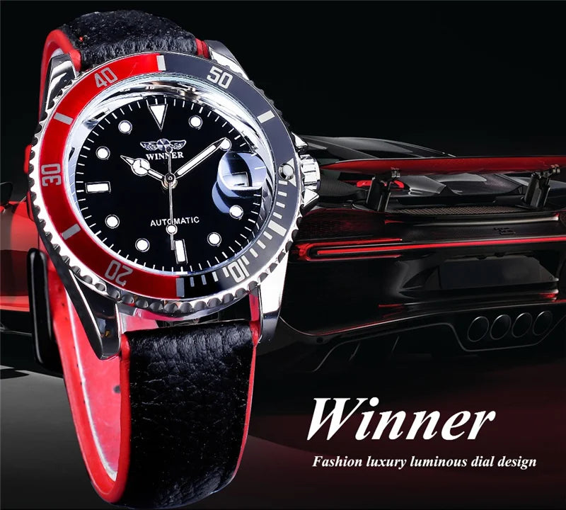 WINNER 002 Automatic Mechanical Wristwatch for Male Luminous Hands Date Fashion Stainless Steel And Leather Strap Clock Gifts