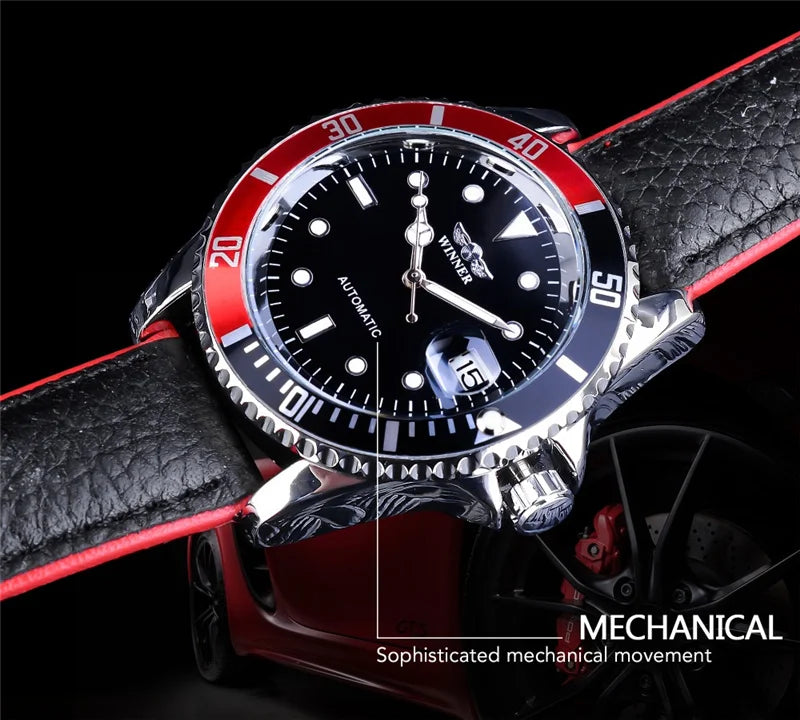 WINNER 002 Automatic Mechanical Wristwatch for Male Luminous Hands Date Fashion Stainless Steel And Leather Strap Clock Gifts