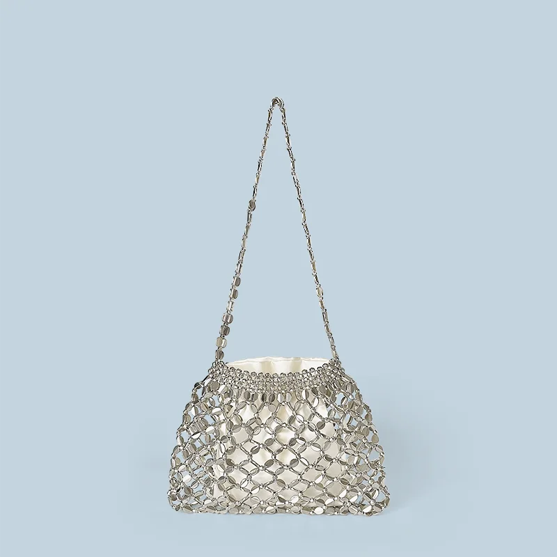 New handheld niche design silver handmade bead woven handbag essential for summer shoulder bag