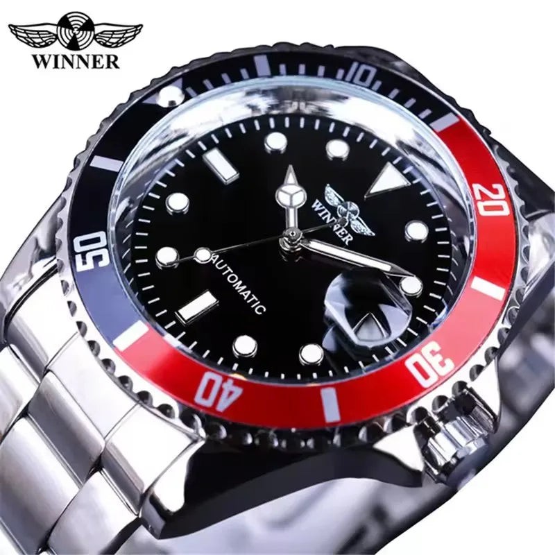 WINNER 002 Automatic Mechanical Wristwatch for Male Luminous Hands Date Fashion Stainless Steel And Leather Strap Clock Gifts