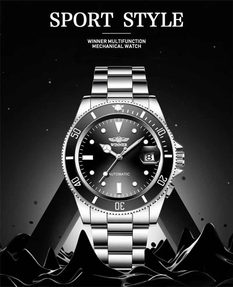 WINNER 002 Automatic Mechanical Wristwatch for Male Luminous Hands Date Fashion Stainless Steel And Leather Strap Clock Gifts