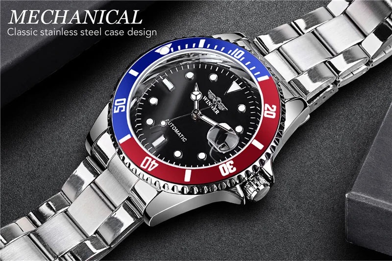 WINNER 002 Automatic Mechanical Wristwatch for Male Luminous Hands Date Fashion Stainless Steel And Leather Strap Clock Gifts