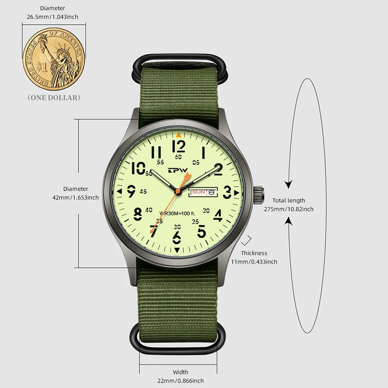 2026 TPW Field Watch Easy Reading Fabric Strap 24 Hours Display Quartz Movement