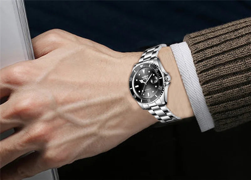 WINNER 002 Automatic Mechanical Wristwatch for Male Luminous Hands Date Fashion Stainless Steel And Leather Strap Clock Gifts