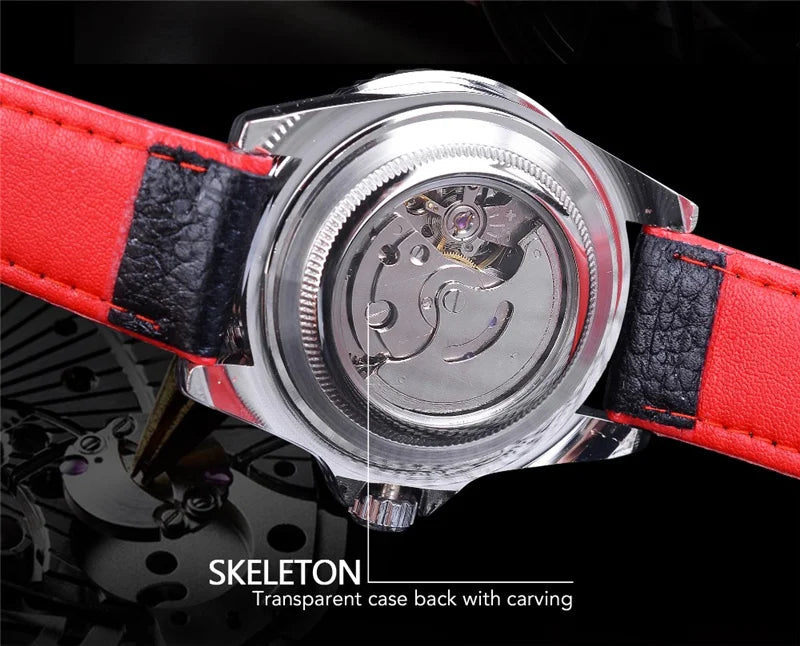 WINNER 002 Automatic Mechanical Wristwatch for Male Luminous Hands Date Fashion Stainless Steel And Leather Strap Clock Gifts