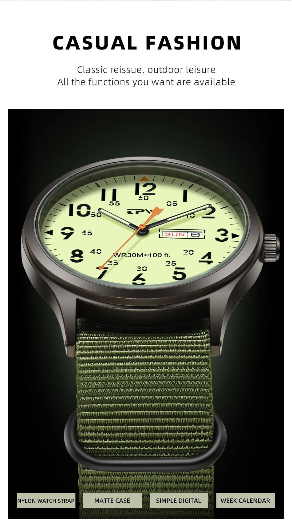 2026 TPW Field Watch Easy Reading Fabric Strap 24 Hours Display Quartz Movement