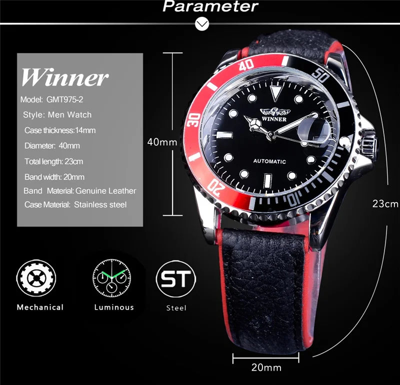 WINNER 002 Automatic Mechanical Wristwatch for Male Luminous Hands Date Fashion Stainless Steel And Leather Strap Clock Gifts