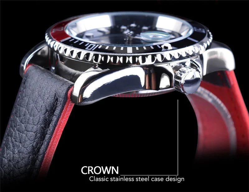 WINNER 002 Automatic Mechanical Wristwatch for Male Luminous Hands Date Fashion Stainless Steel And Leather Strap Clock Gifts