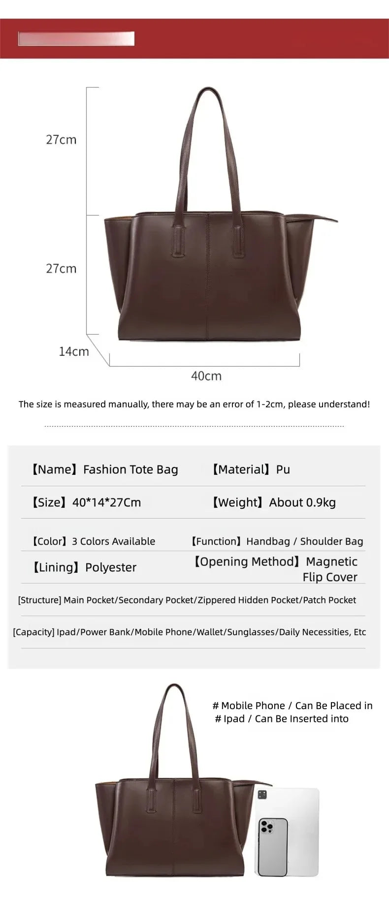 Women's PU Leather Tote Shoulder Bag — Waterproof Large Capacity