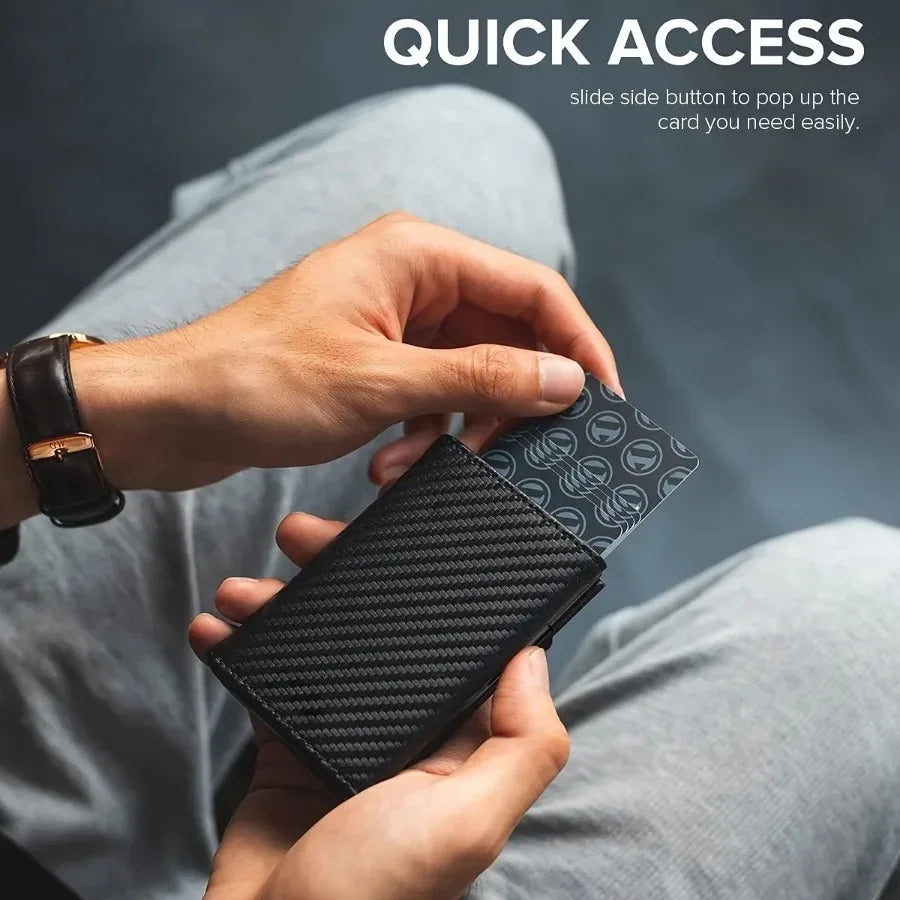 Men's Wallet with Zipper Coin Purse Automatic Pop-up Metal Credit Card Holder Minimalist RFID Blocking Business Card Wallet Idea