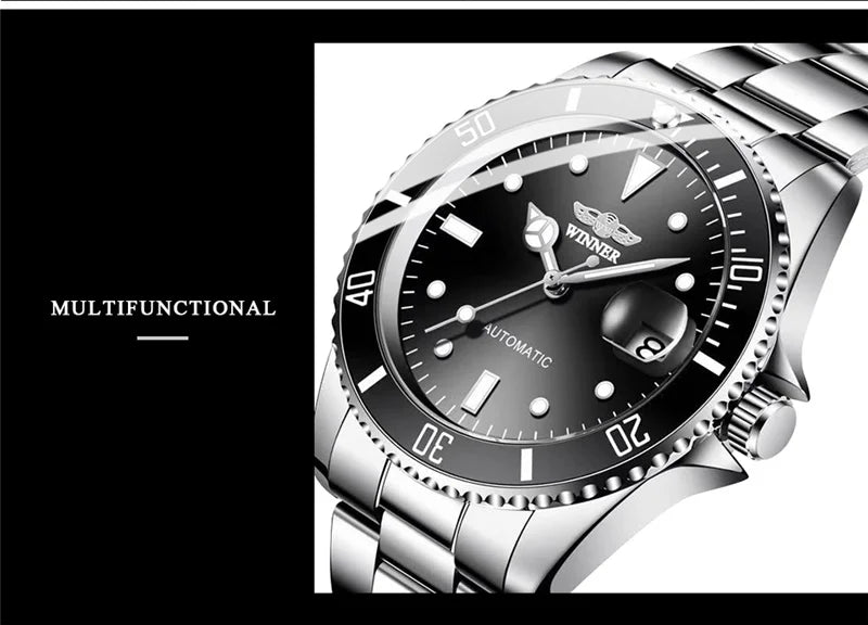 WINNER 002 Automatic Mechanical Wristwatch for Male Luminous Hands Date Fashion Stainless Steel And Leather Strap Clock Gifts
