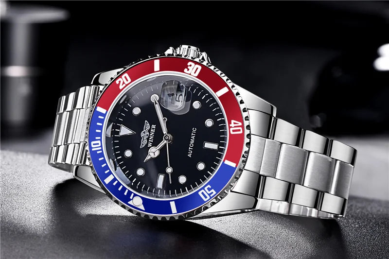WINNER 002 Automatic Mechanical Wristwatch for Male Luminous Hands Date Fashion Stainless Steel And Leather Strap Clock Gifts