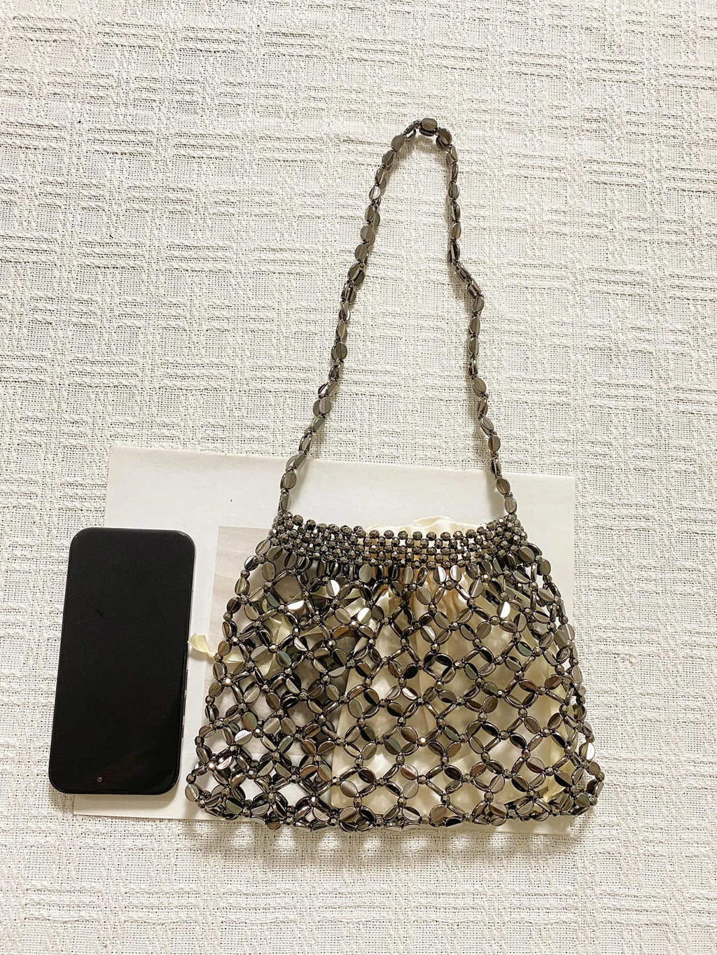 New handheld niche design silver handmade bead woven handbag essential for summer shoulder bag